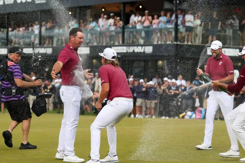 Lucas Herbert and his Ripper GC teammates celebrate his win at LIV Golf Virginia.